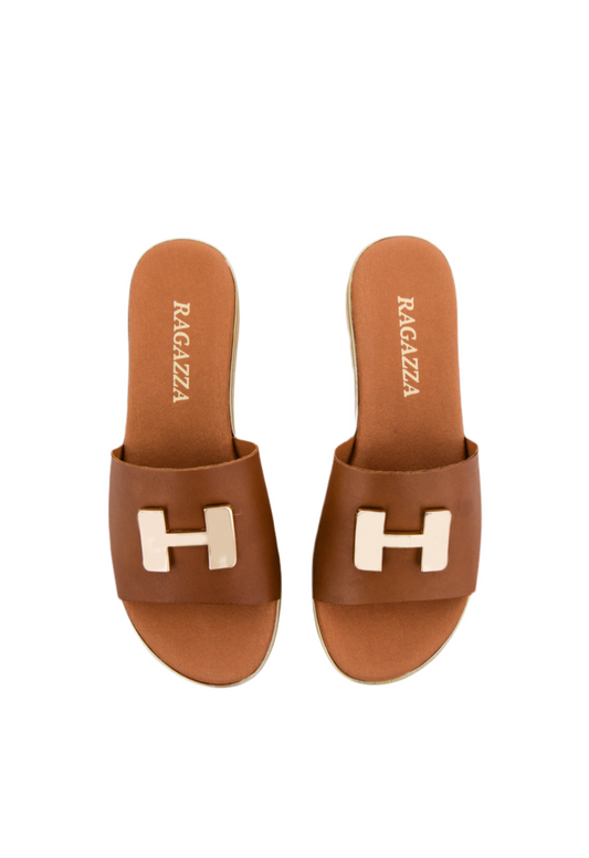 Σανδάλια flatforms δερμάτινα με μεταλλικό σχέδιο Ragazza 01080