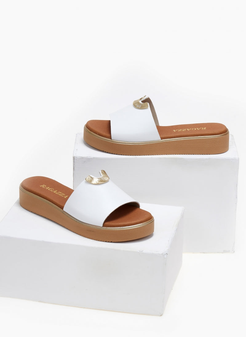Σανδάλια flatforms δερμάτινα με μεταλλικό σχέδιο Ragazza 01083