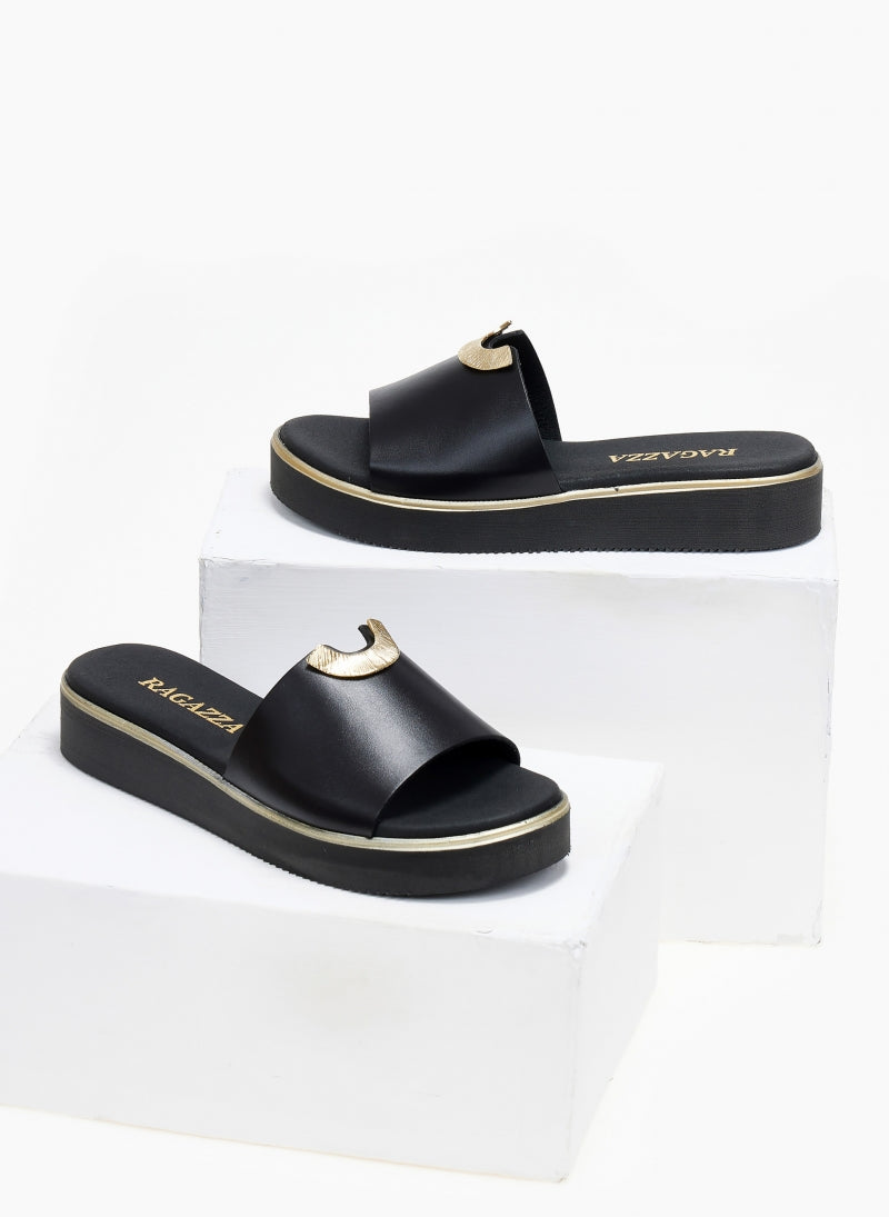 Σανδάλια flatforms δερμάτινα με μεταλλικό σχέδιο Ragazza 01083