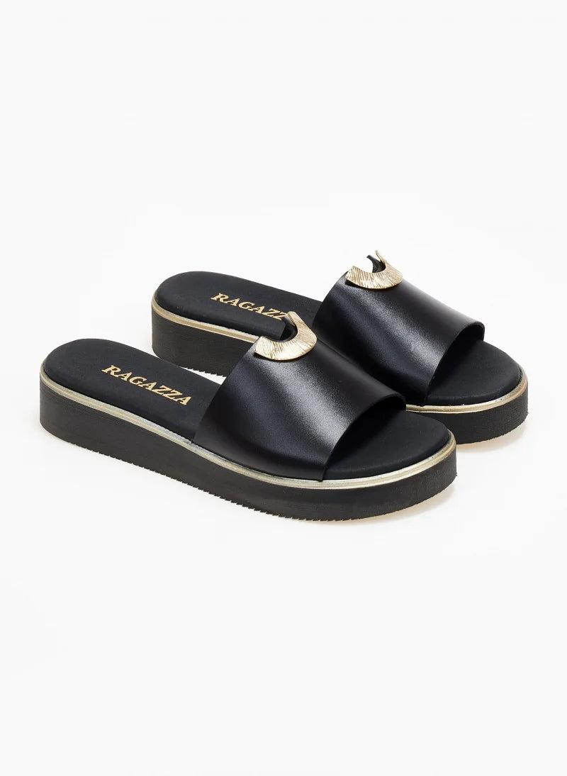Σανδάλια flatforms δερμάτινα με μεταλλικό σχέδιο Ragazza 01083