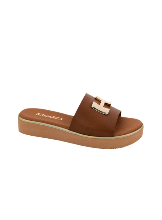 Σανδάλια flatforms δερμάτινα με μεταλλικό σχέδιο Ragazza 01080